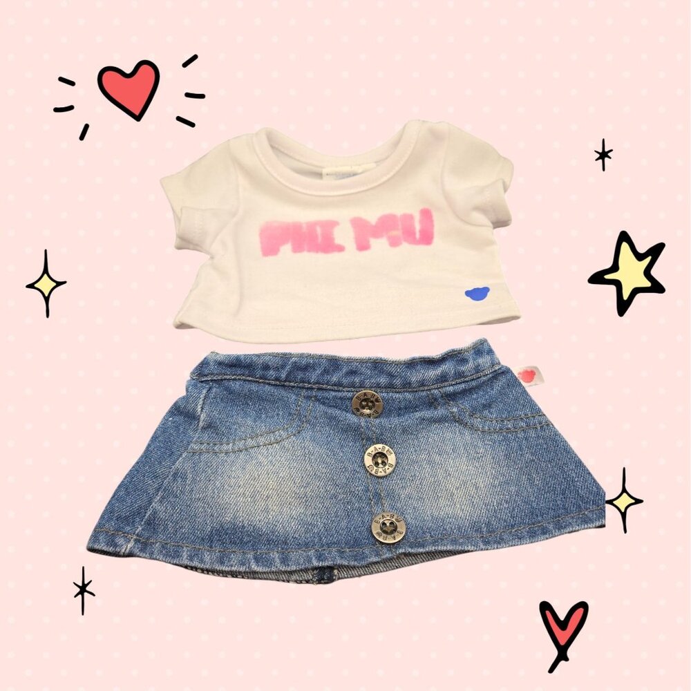 Build-A-Bear PHI MU White Top & Denim Skirt Outfit For Stuffed Animals
